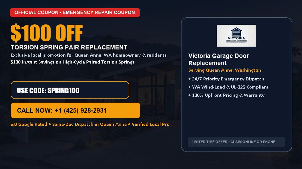 $100 OFF Dual High-Cycle Torsion Spring Replacement in Queen Anne, WA - Victoria Garage Door Replacement